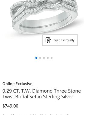 Sterling Silver 0.29 CTW Diamond Three Stone Twist Bridal Ring Set SIZE 7